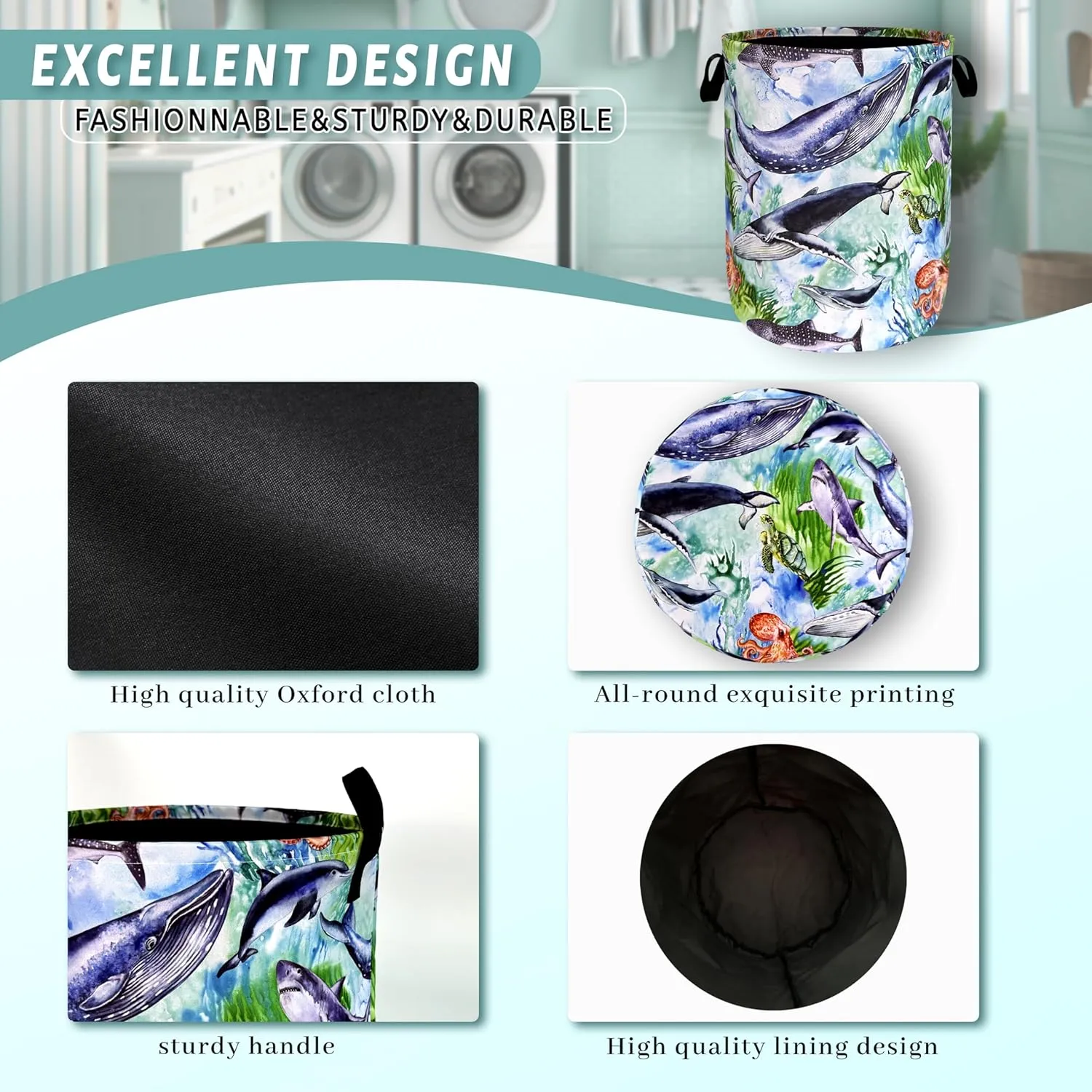 Colorful Whale Laundry Hamper Cute Ocean Octopus Laundry Basket With Handles Foldable Oxford Cloth Tote Bag Clothes Toy Storage Bucket 18.9 x 16.5 Inch For Bathroom/Laundry/Bedroom