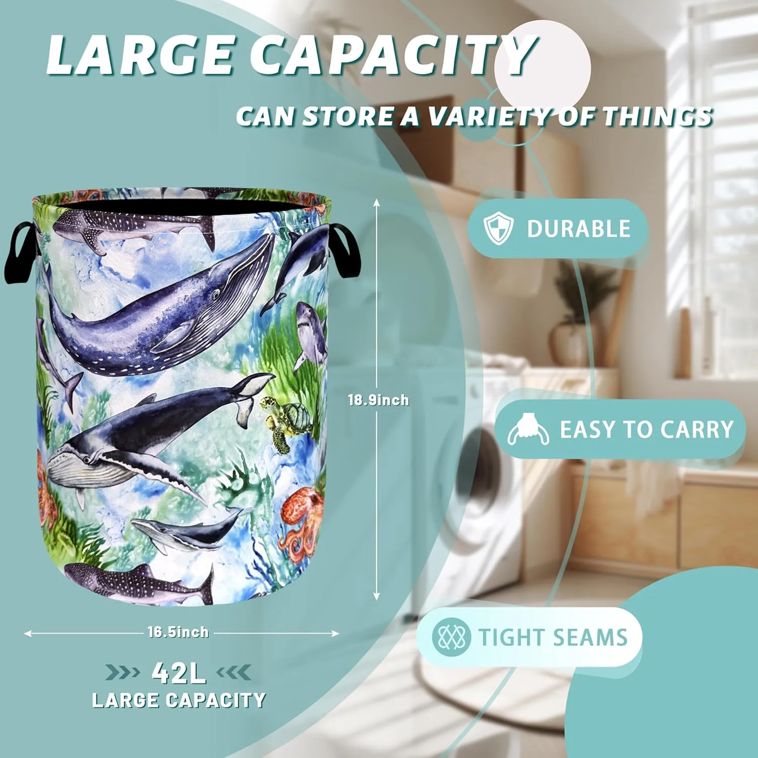Colorful Whale Laundry Hamper Cute Ocean Octopus Laundry Basket With Handles Foldable Oxford Cloth Tote Bag Clothes Toy Storage Bucket 18.9 x 16.5 Inch For Bathroom/Laundry/Bedroom