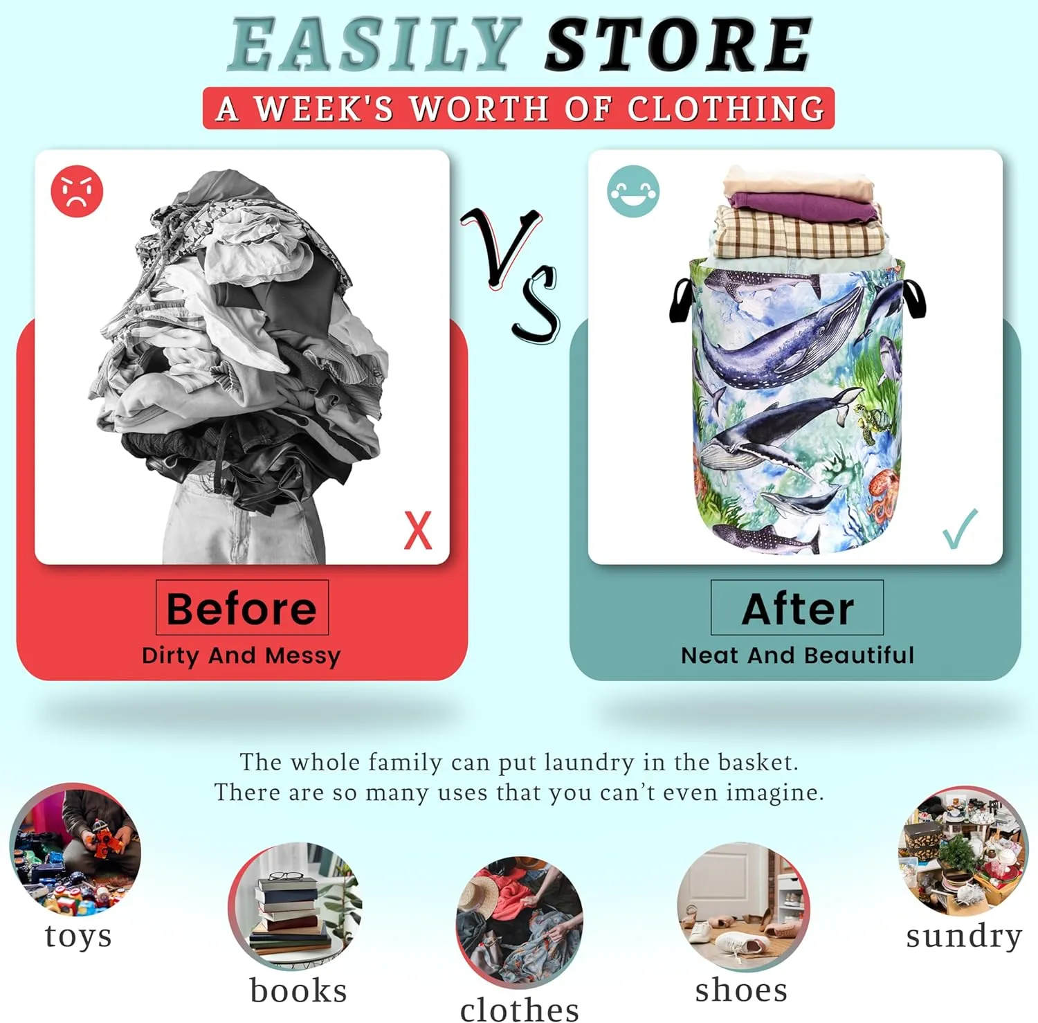 Colorful Whale Laundry Hamper Cute Ocean Octopus Laundry Basket With Handles Foldable Oxford Cloth Tote Bag Clothes Toy Storage Bucket 18.9 x 16.5 Inch For Bathroom/Laundry/Bedroom