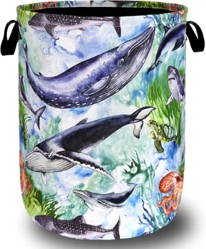 Colorful Whale Laundry Hamper Cute Ocean Octopus Laundry Basket With Handles Foldable Oxford Cloth Tote Bag Clothes Toy Storage Bucket 18.9 x 16.5 Inch For Bathroom/Laundry/Bedroom