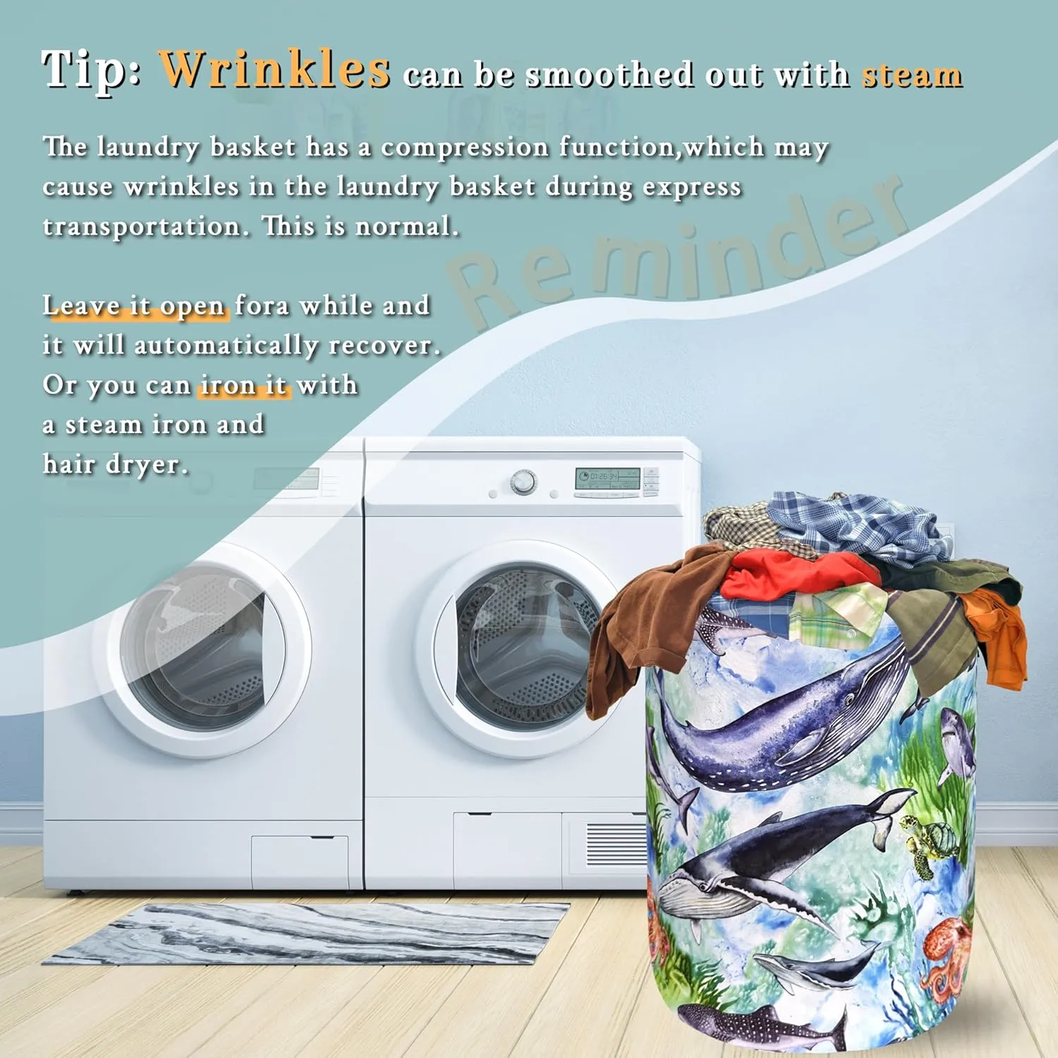 Colorful Whale Laundry Hamper Cute Ocean Octopus Laundry Basket With Handles Foldable Oxford Cloth Tote Bag Clothes Toy Storage Bucket 18.9 x 16.5 Inch For Bathroom/Laundry/Bedroom