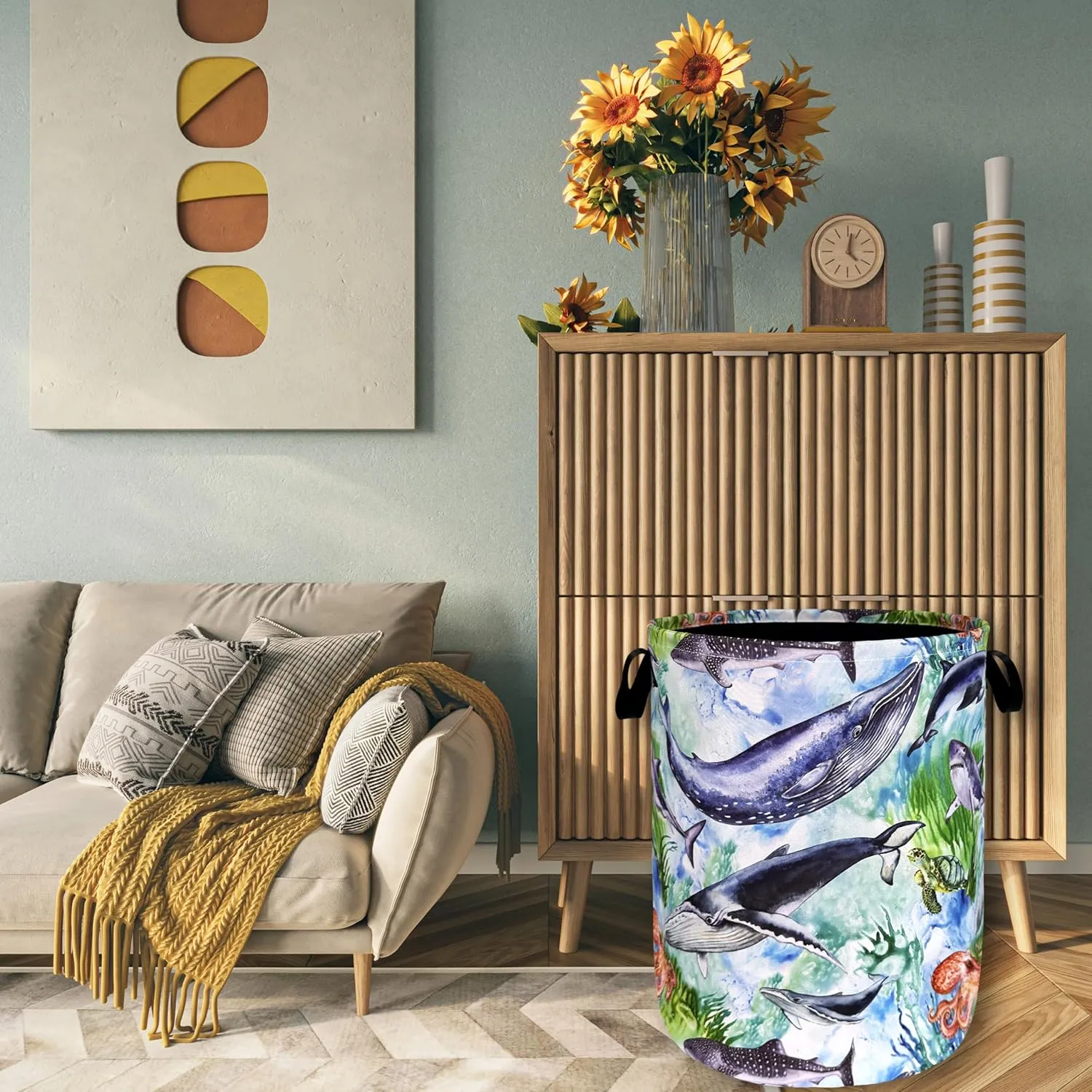 Colorful Whale Laundry Hamper Cute Ocean Octopus Laundry Basket With Handles Foldable Oxford Cloth Tote Bag Clothes Toy Storage Bucket 18.9 x 16.5 Inch For Bathroom/Laundry/Bedroom