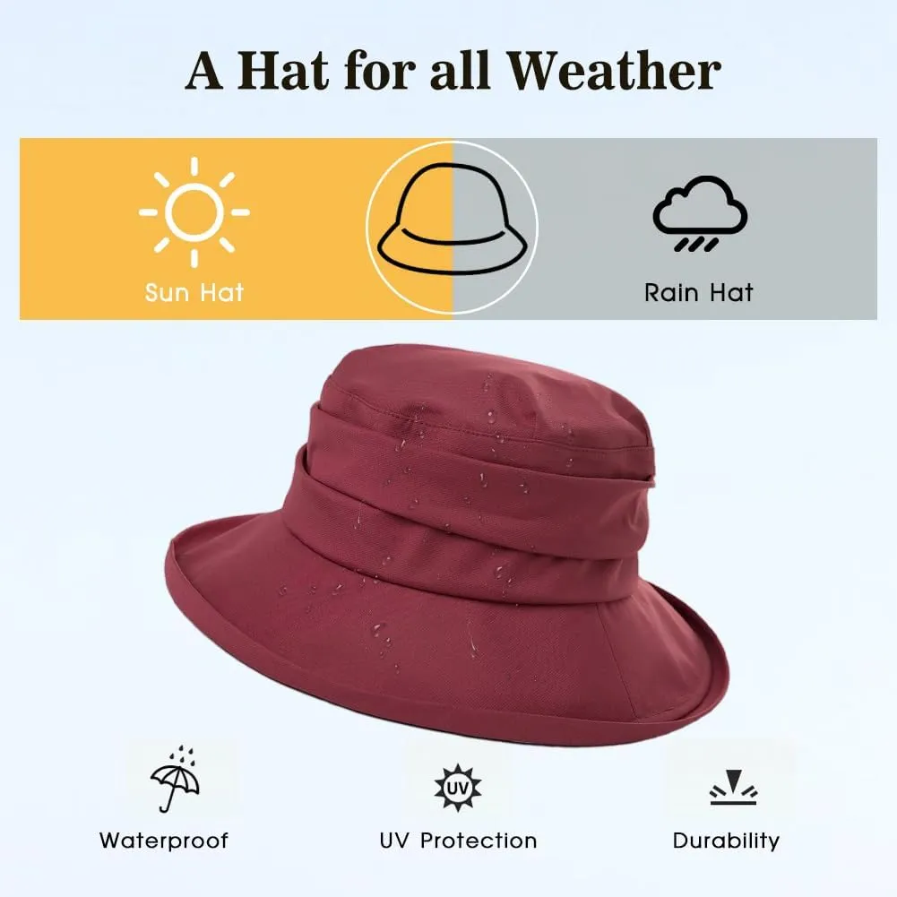 Comhats Rain Hat for Women Waterproof Wide Brim Sun Hats for Ladies UV Protection Summer Bucket Hats Beach Packable 55-62CM