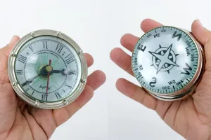 Compass & Clock With Dual Display | Duo Watch Solid Brass Round Roman White Dial With Bulged Glass Convex Lens & Nickel Chrome Plated Finish | Office Desk, Study Table Gifts Ideas & Accessories