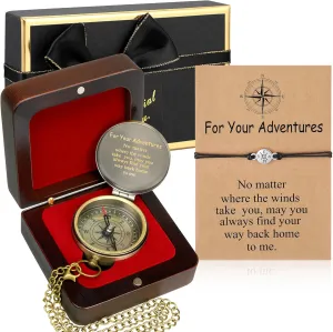 Compass Gift Set Engraved Compass with Chain Souvenir Present Bracelet with Greeting Card Walnut Wooden Box Gift Box for Graduation Father's Day Adventure Birthday Baptism Party Favors