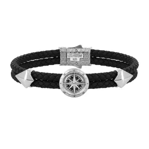 Compass Leather Bracelet - Solid Silver