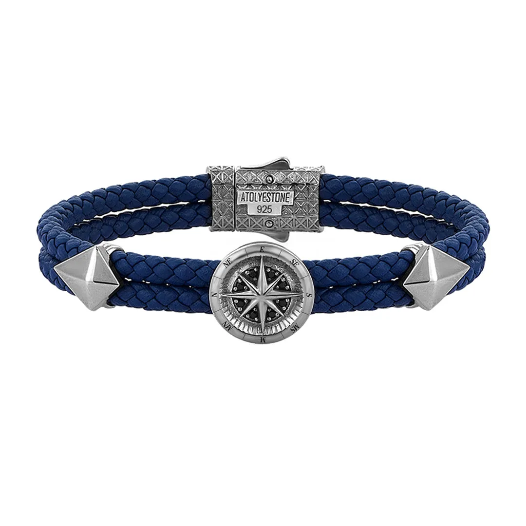 Compass Leather Bracelet - Solid Silver