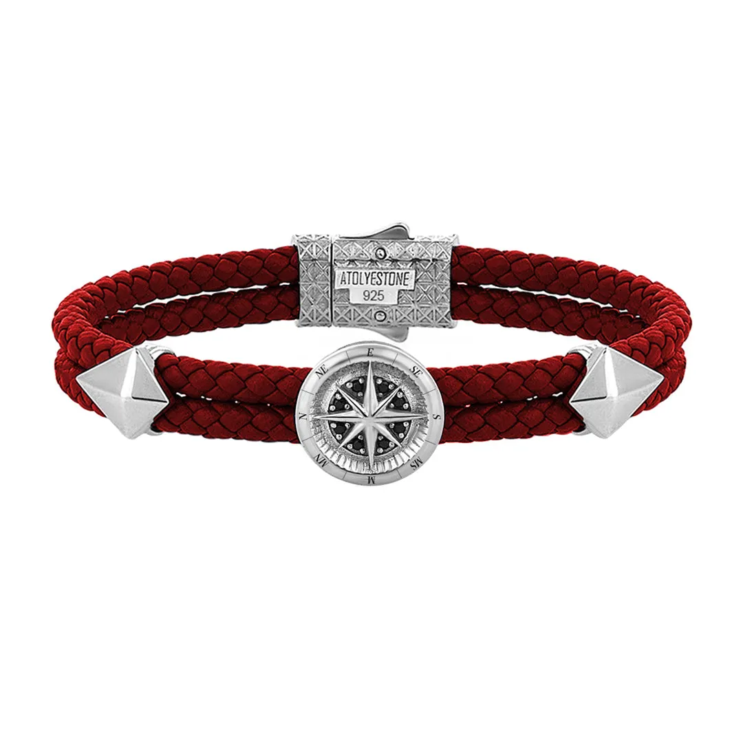 Compass Leather Bracelet - Solid Silver
