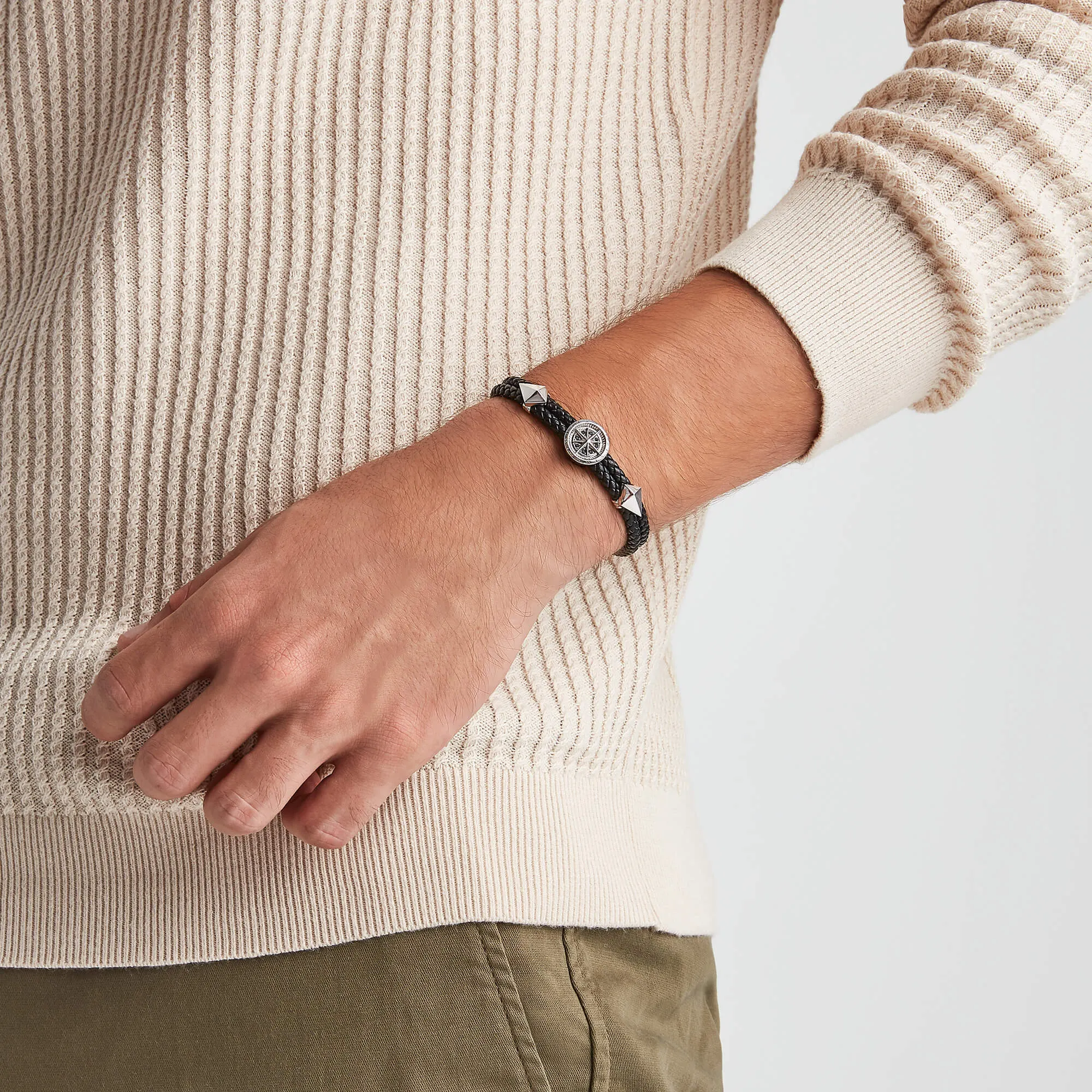 Compass Leather Bracelet - Solid Silver