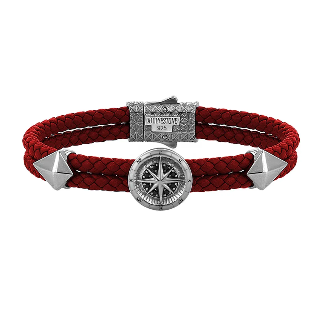 Compass Leather Bracelet - Solid Silver
