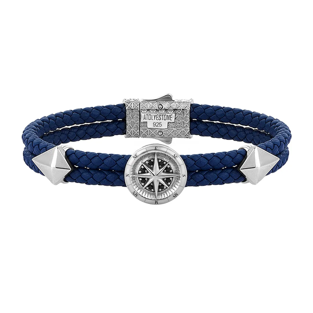Compass Leather Bracelet - Solid Silver