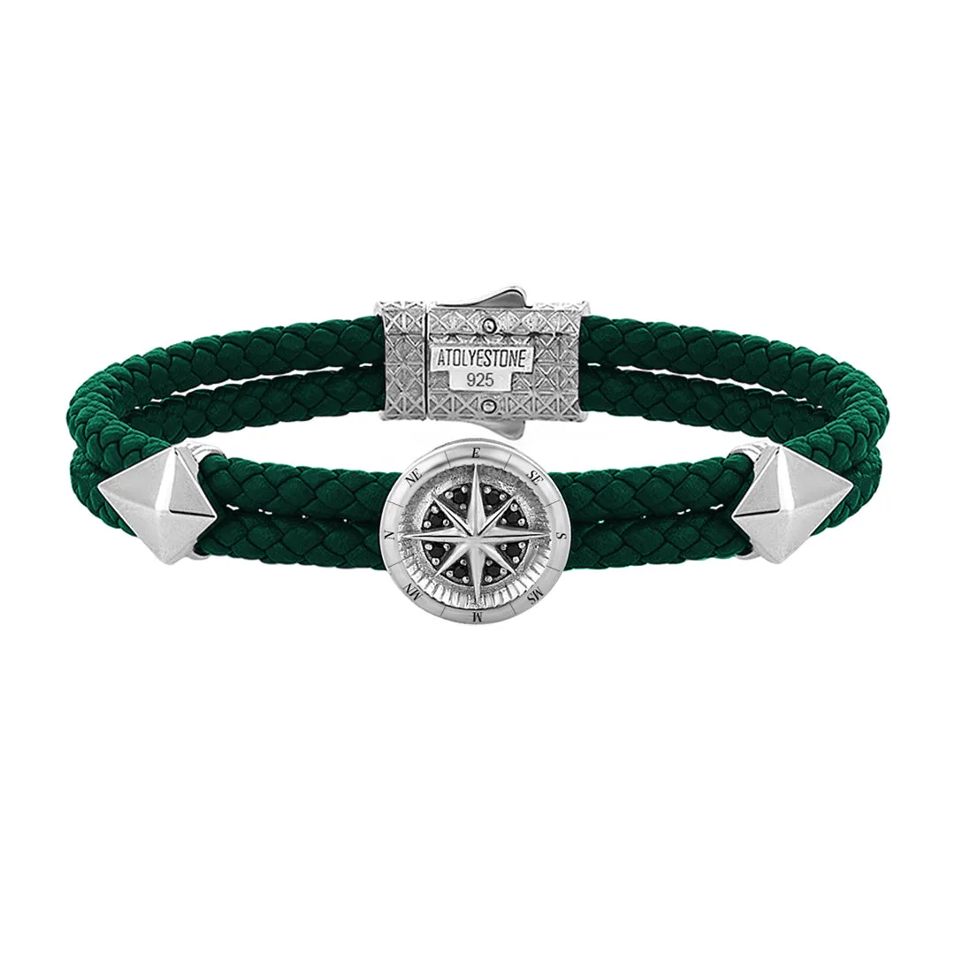 Compass Leather Bracelet - Solid Silver