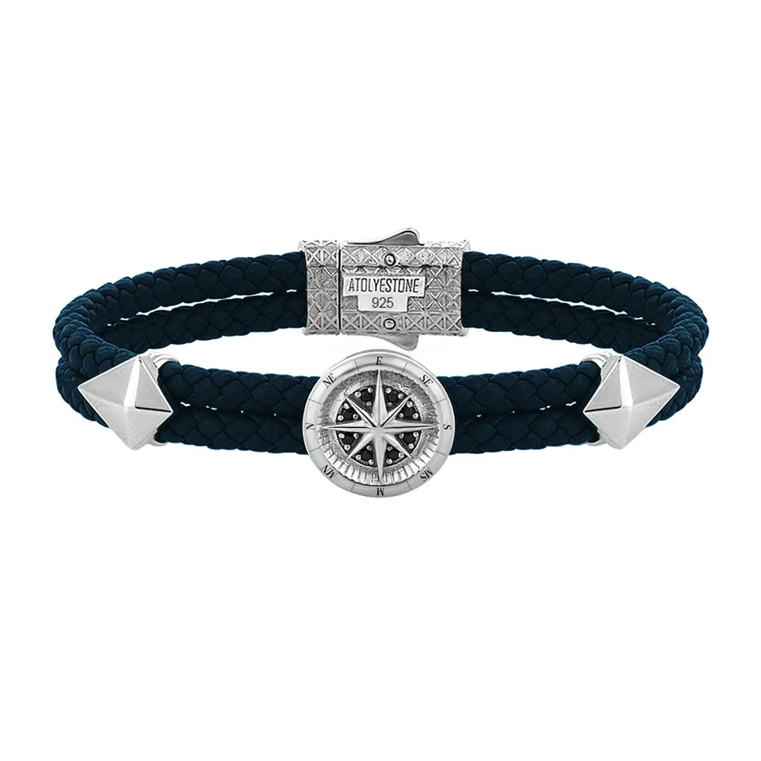 Compass Leather Bracelet - Solid Silver