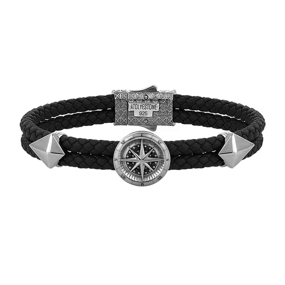 Compass Leather Bracelet - Solid Silver