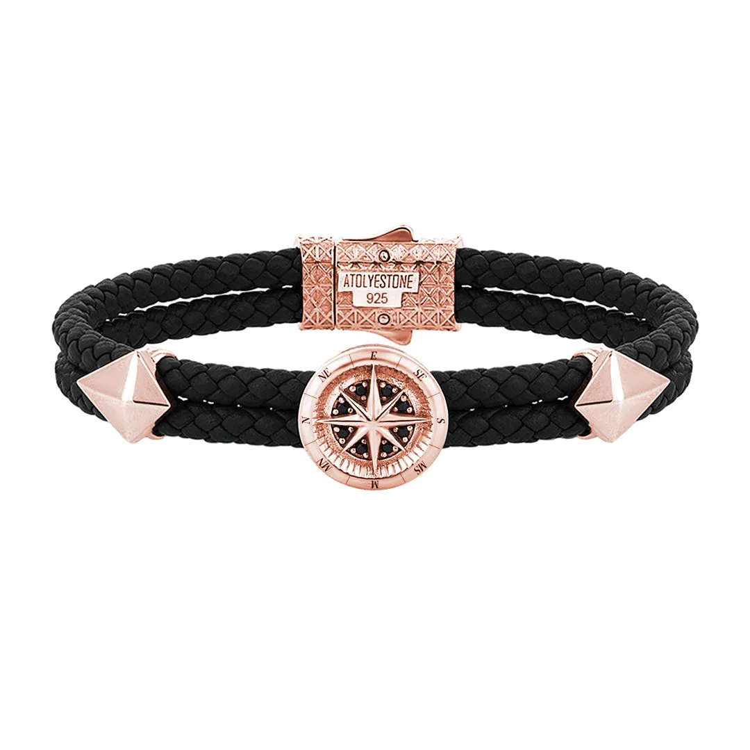 Compass Leather Bracelet - Solid Silver