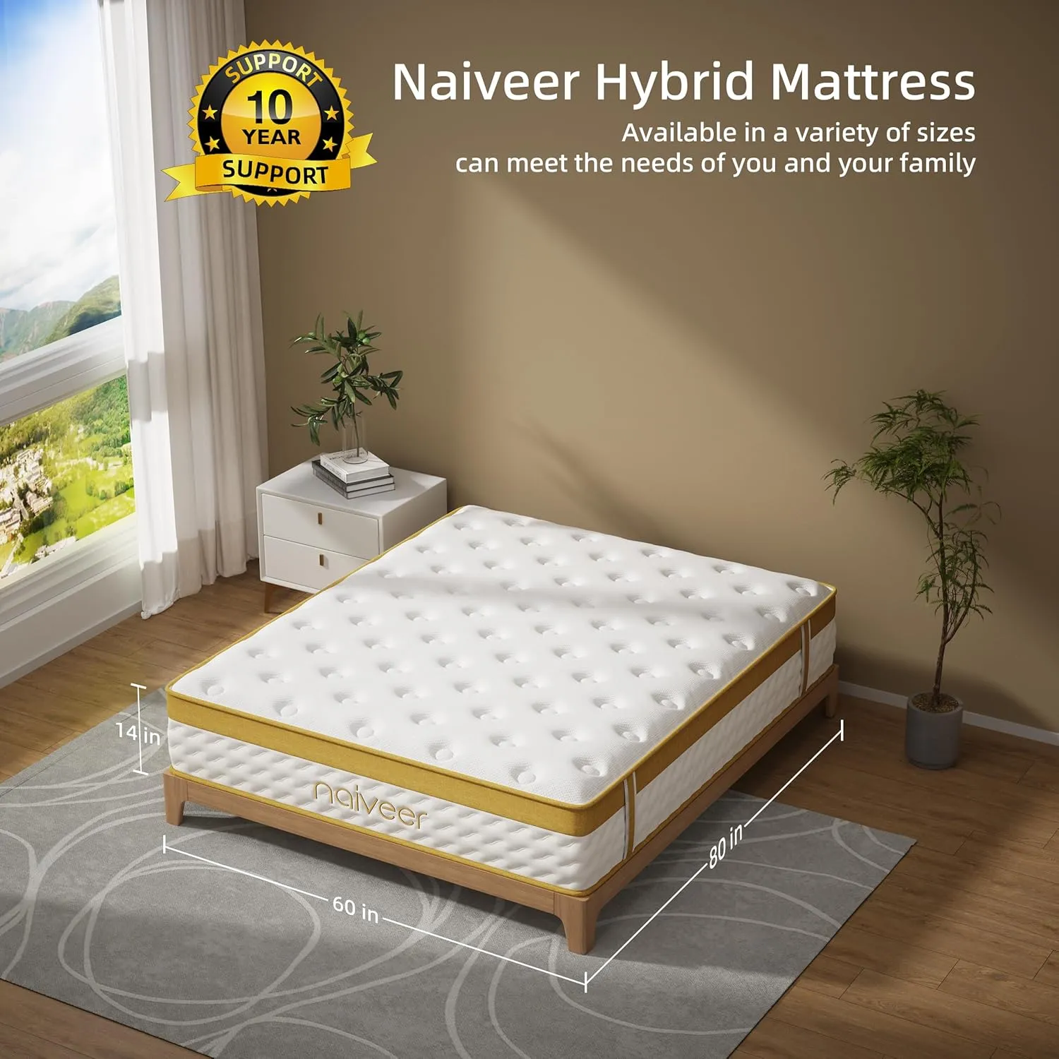 Cooling Gel Queen Mattresses 14 Inch Memory Foam Hybrid Mattress for Back Pain & Pressure Relief, Queen Size Mattress in A Box with Pocket Springs, Medium Firm with CertiPUR-US Certified