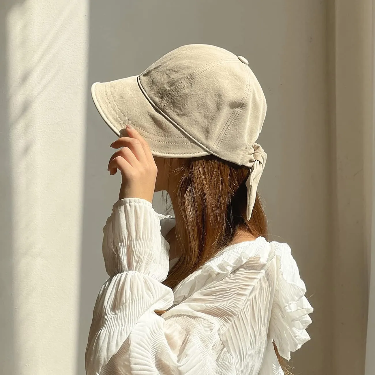 Cotton 100% Wide Brim Bucket Hat with Ribbon Point Mesh Lining Adjustable Sun Hat for Women Girls