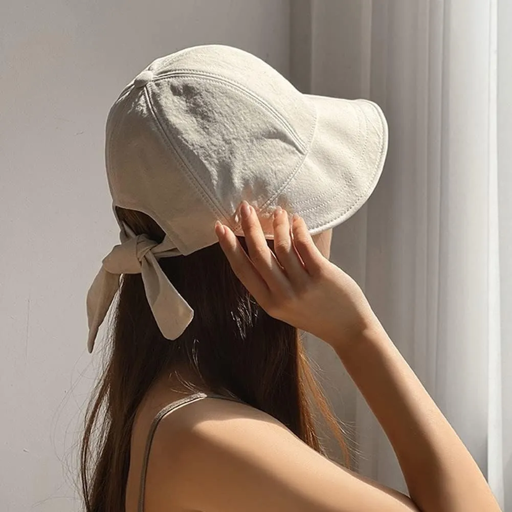 Cotton 100% Wide Brim Bucket Hat with Ribbon Point Mesh Lining Adjustable Sun Hat for Women Girls