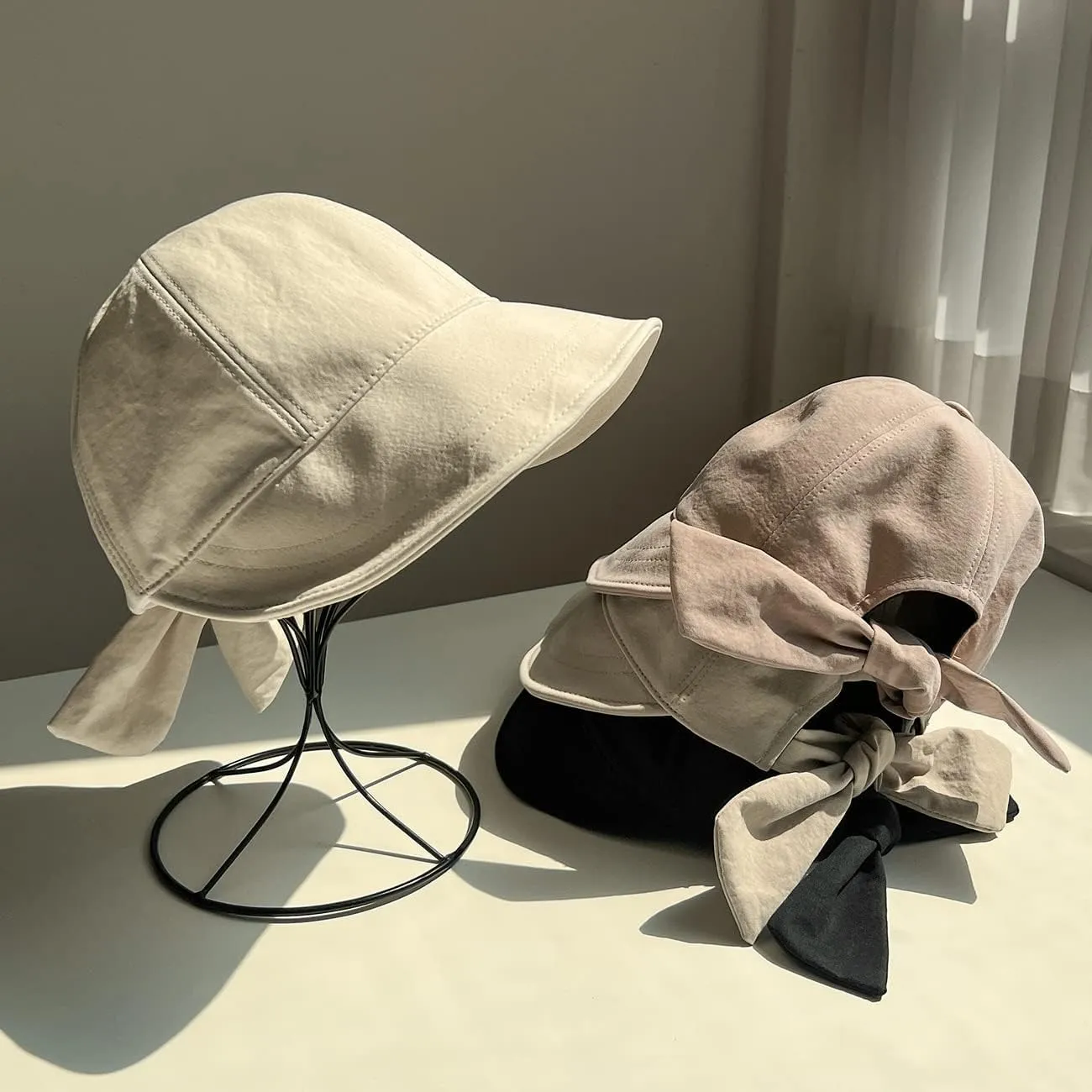 Cotton 100% Wide Brim Bucket Hat with Ribbon Point Mesh Lining Adjustable Sun Hat for Women Girls