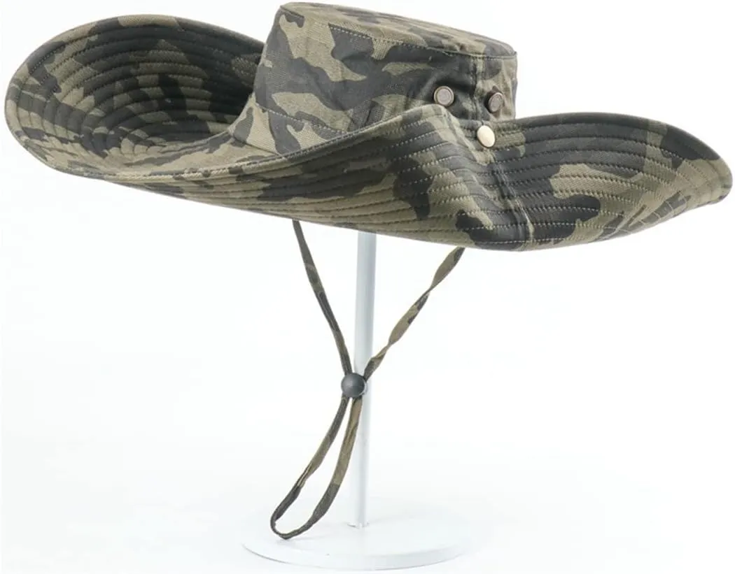 Cotton Camouflage Bucket Hat 6 in Wide Brim Sun Hat Camping Hiking Fishing Hat Mesh Breathable Anti UV Bucket Cap