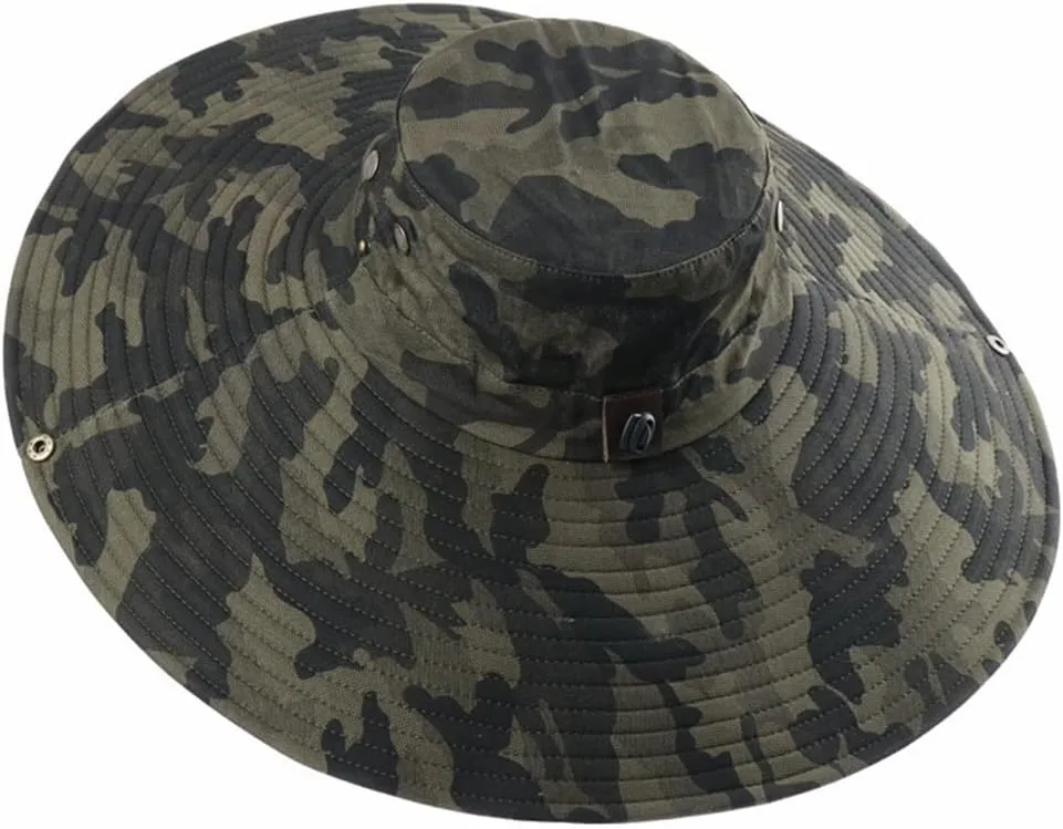Cotton Camouflage Bucket Hat 6 in Wide Brim Sun Hat Camping Hiking Fishing Hat Mesh Breathable Anti UV Bucket Cap