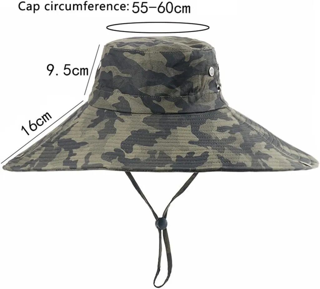 Cotton Camouflage Bucket Hat 6 in Wide Brim Sun Hat Camping Hiking Fishing Hat Mesh Breathable Anti UV Bucket Cap