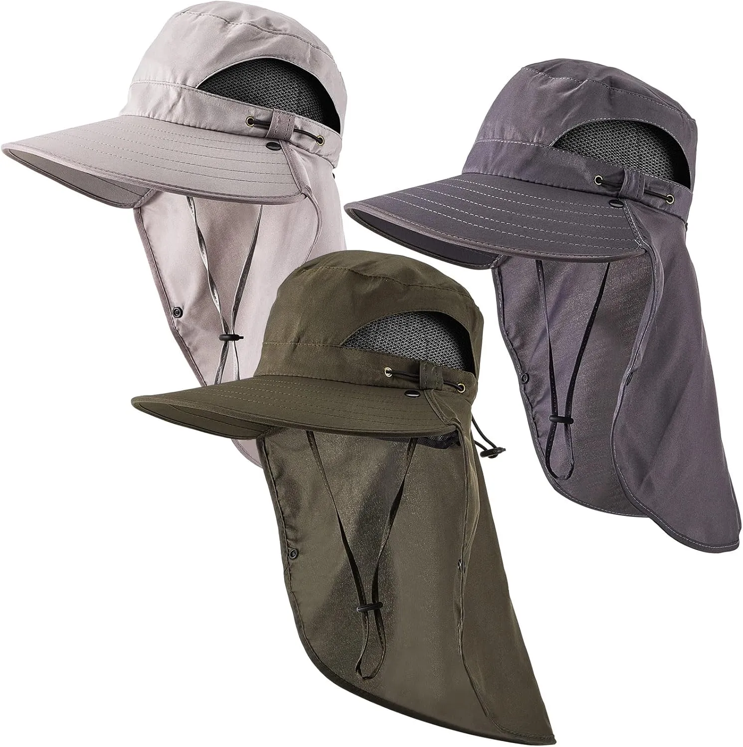 Cuffbow 3 Pcs Sun Hat for Men Women with Neck Flap Breathable Wide Brim Bucket Hat UV Protection UPF 50  Fishing Hiking
