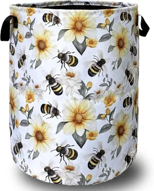 Cute Bees Laundry Basket Foldable With Handles Tote Bag Oxford Cloth Yellow Flowers Colorful Laundry Hamper Clothes Storage Bucket Toy Organizer 18.9" x 16.5" For Bathroom/Laundry/Bedroom