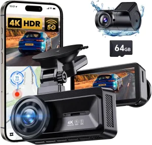 Dash Cam Front Rear: 4K 1080P Full HD Dashcam Free 64GB Card, with 5G WiFi GPS, Dual Dash Camera for Cars with 3" IPS Screen, Night Vision, HDR, App Control, 24H Parking Mode, Loop Record