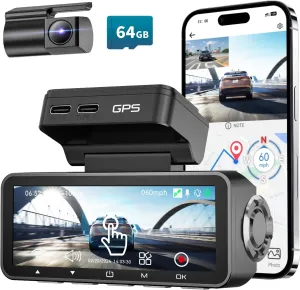 Dash Cam Front Rear, IMX415 Sensor 4K 30fps/2K 60fps 1080p, Touch Screen Dash Camera for Car, Voice Control, Built-in GPS WiFi, HDR Night Vision, 64GB Card, 160° Wide Angle, 24H Parking Monitoring