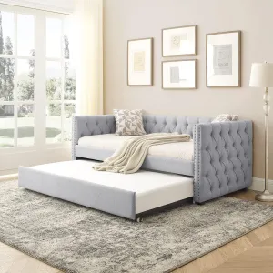 Daybed with Trundle Upholstered Tufted Sofa Bed, with Button and Copper Nail on Square Arms,Both Twin Size,Grey(85""x42.5""x31.5"")(Old SKU W487S00045)