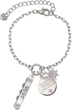 Delight Jewelry Silvertone Best Friends Forever Bar Silvertone Discover Dream Explore Zoey Charm Bracelet, 6.5 2" Extender