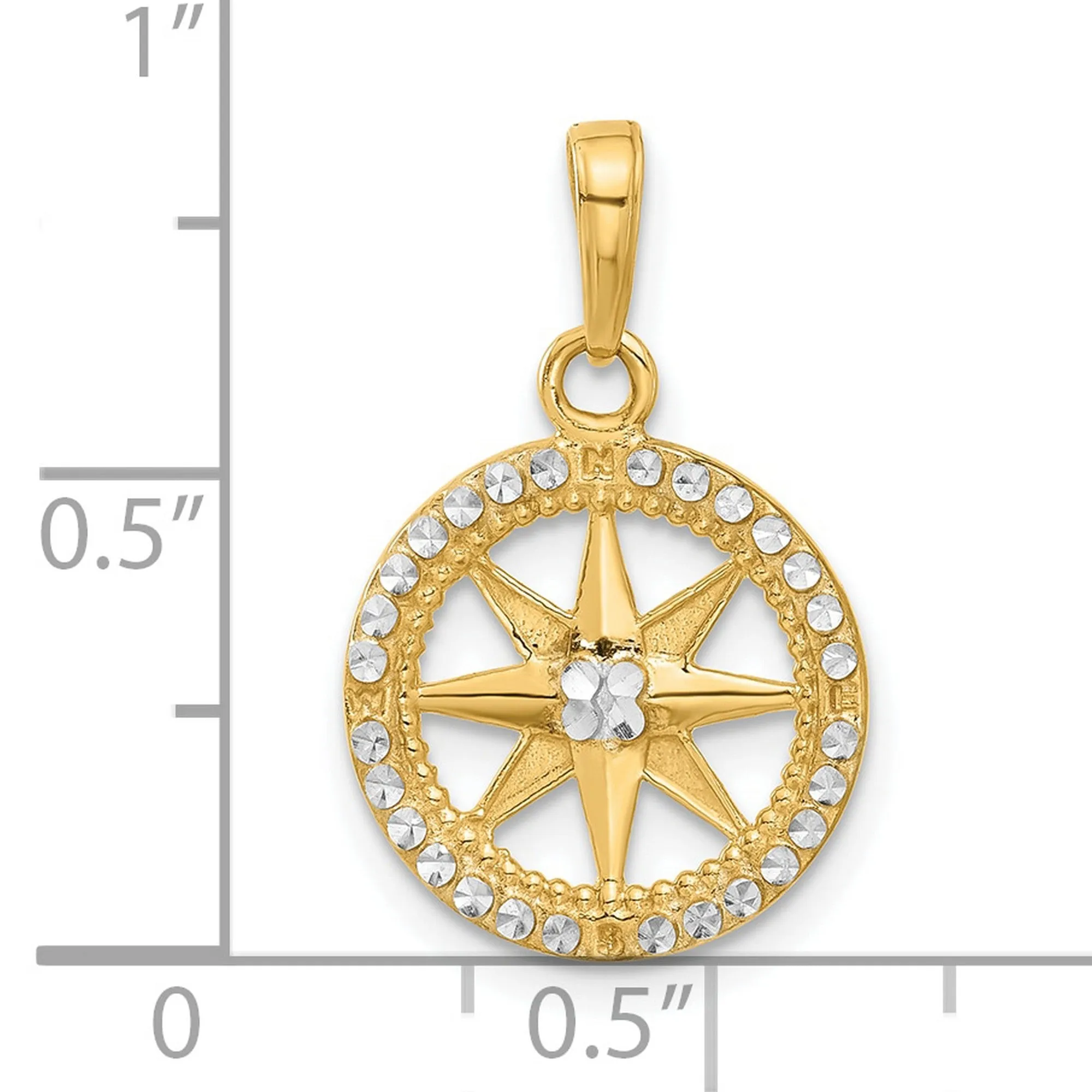 Diamond-Cut Compass Charm Pendant in Real 14k Multi-Tone Gold