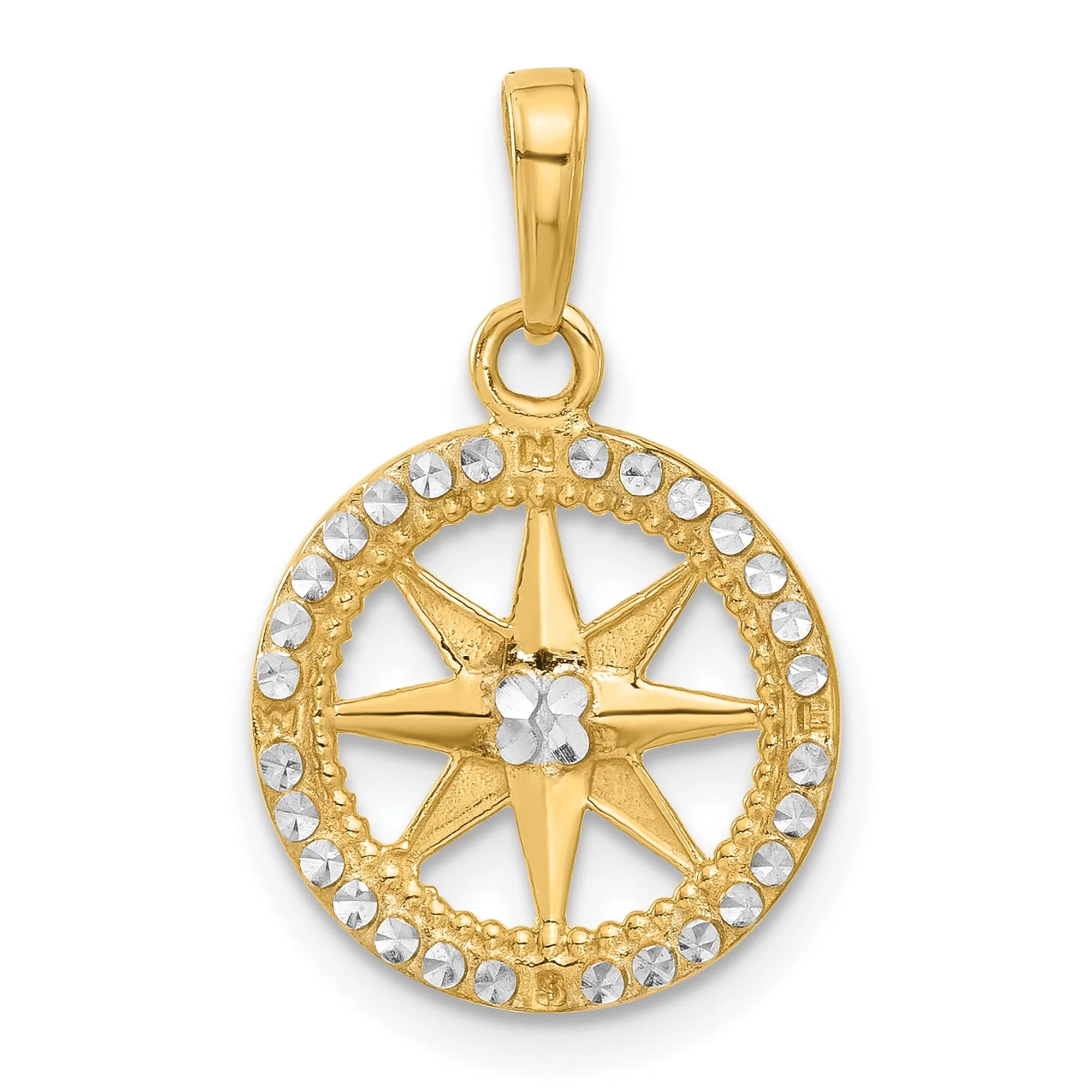 Diamond-Cut Compass Charm Pendant in Real 14k Multi-Tone Gold