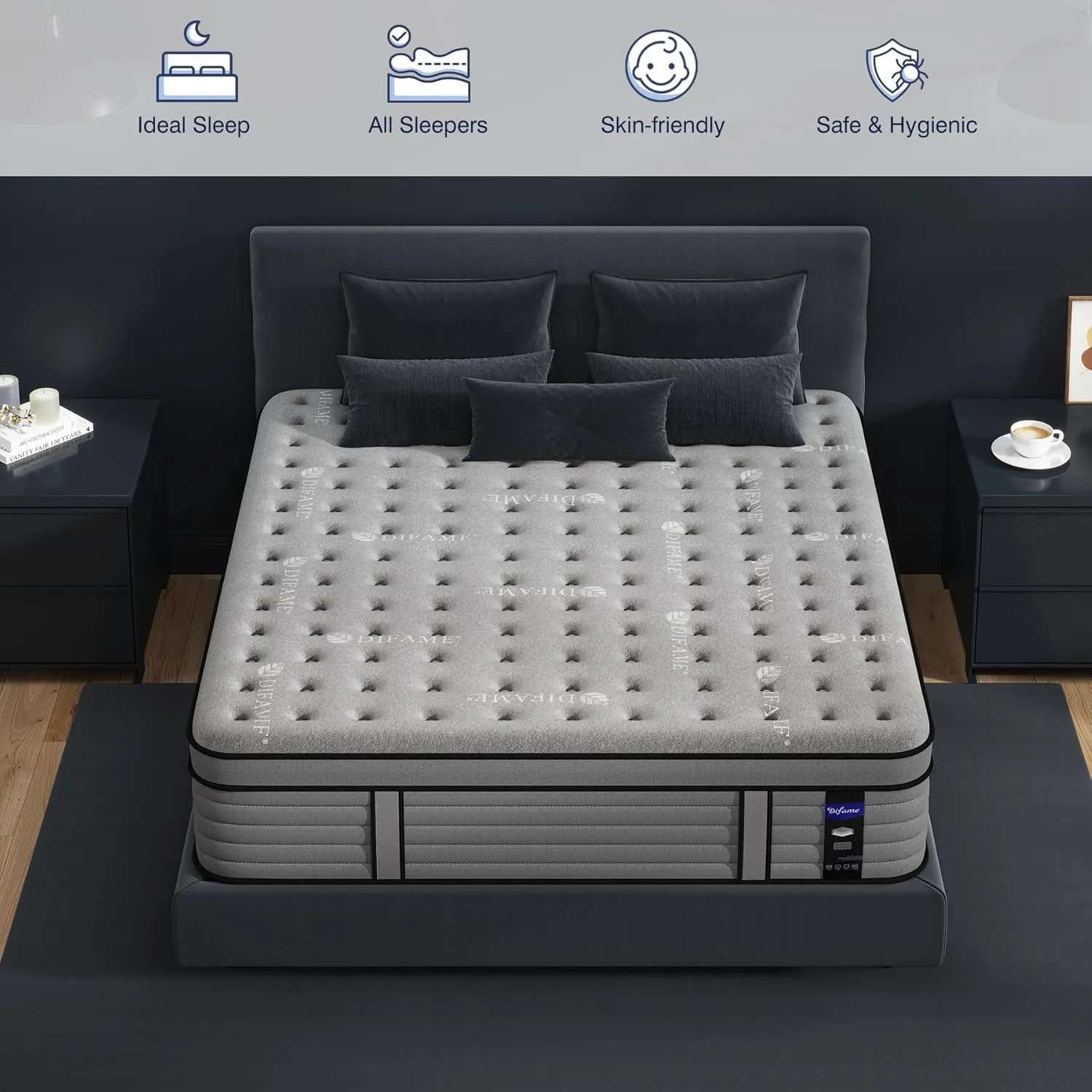 DIFAME King Size Mattress, 14 Inch Firm Hybrid King Mattress in a Box with Gel Memory Foam, Pressure & Back Pain Relief, Individually Pocket Spring, Edge Support, 100-Night Trial, CertiPUR-US