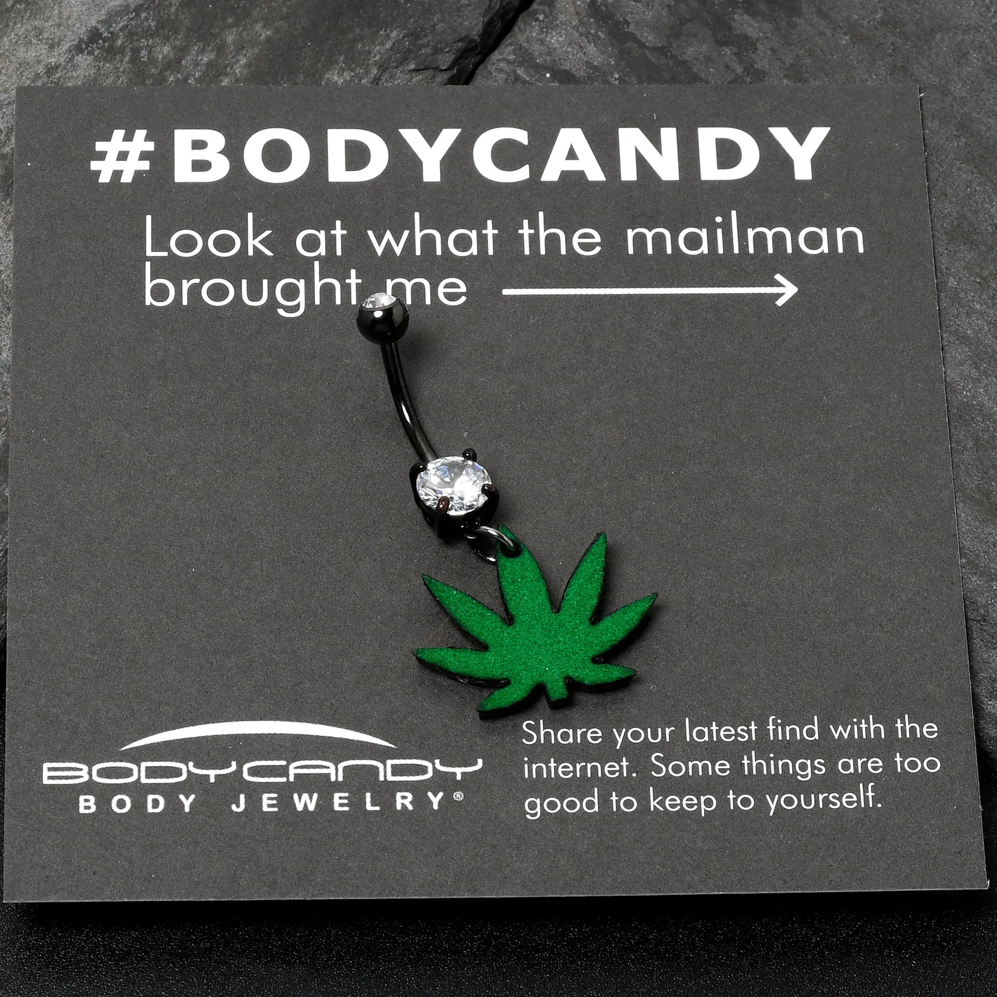 Double Gem Green Marijuana Pot Leaf Black Dangle Belly Ring