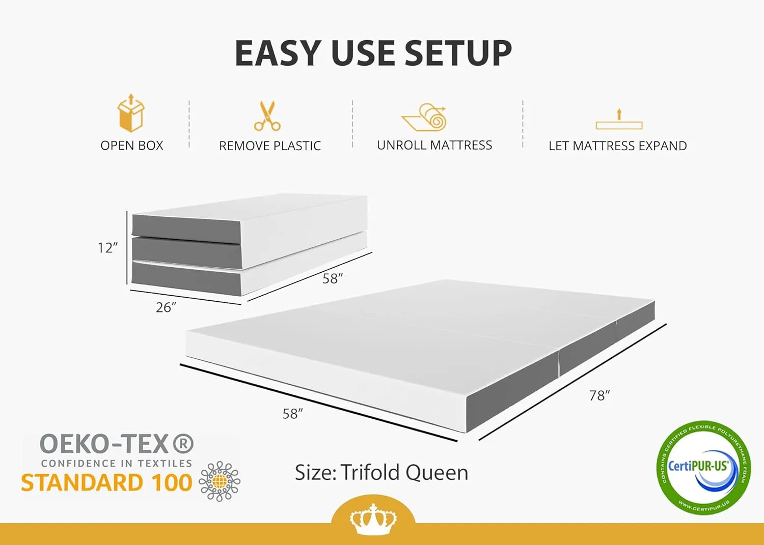 DynastyMattress Foldable Mattress Bed Gel Memory Foam, Trifold Mattress 4 Inch, Portable Topper & Washable Cover, Sofa, Couch, Guests, Camping, RV Traveling, Full Size - 52”x 74”x 4” (USA Made)