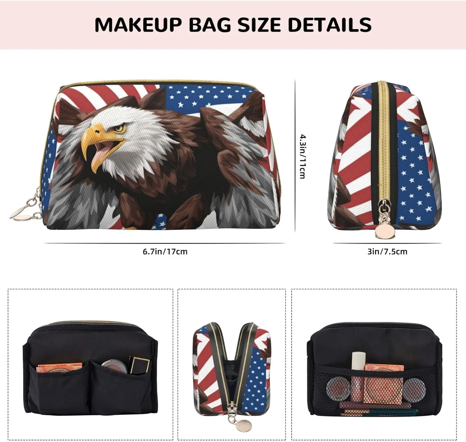 Eagle With Usa Flag Toiletry Pouch, Travel-Friendly Makeup Organizer For Makeup Brushes, Lipsticks
