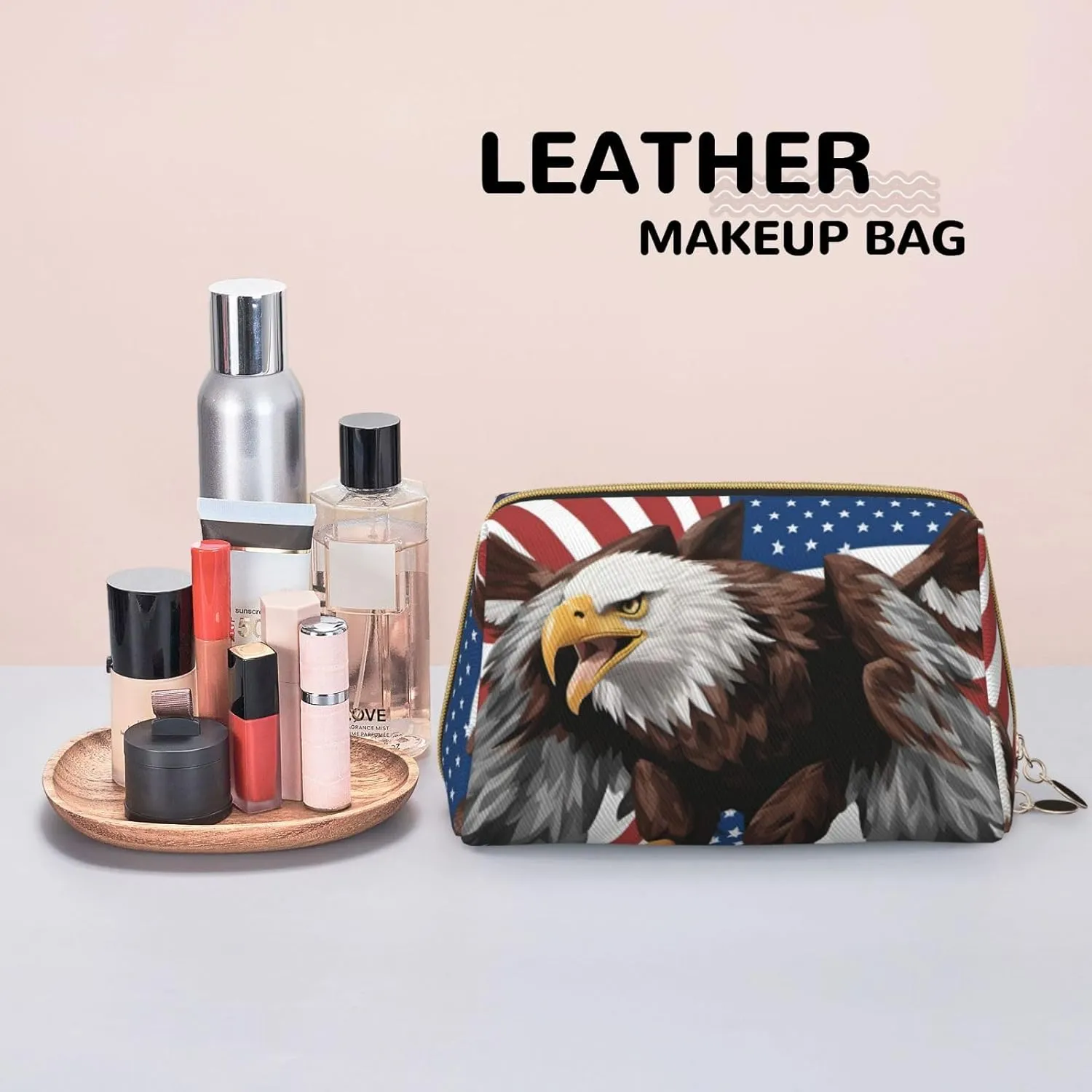 Eagle With Usa Flag Toiletry Pouch, Travel-Friendly Makeup Organizer For Makeup Brushes, Lipsticks