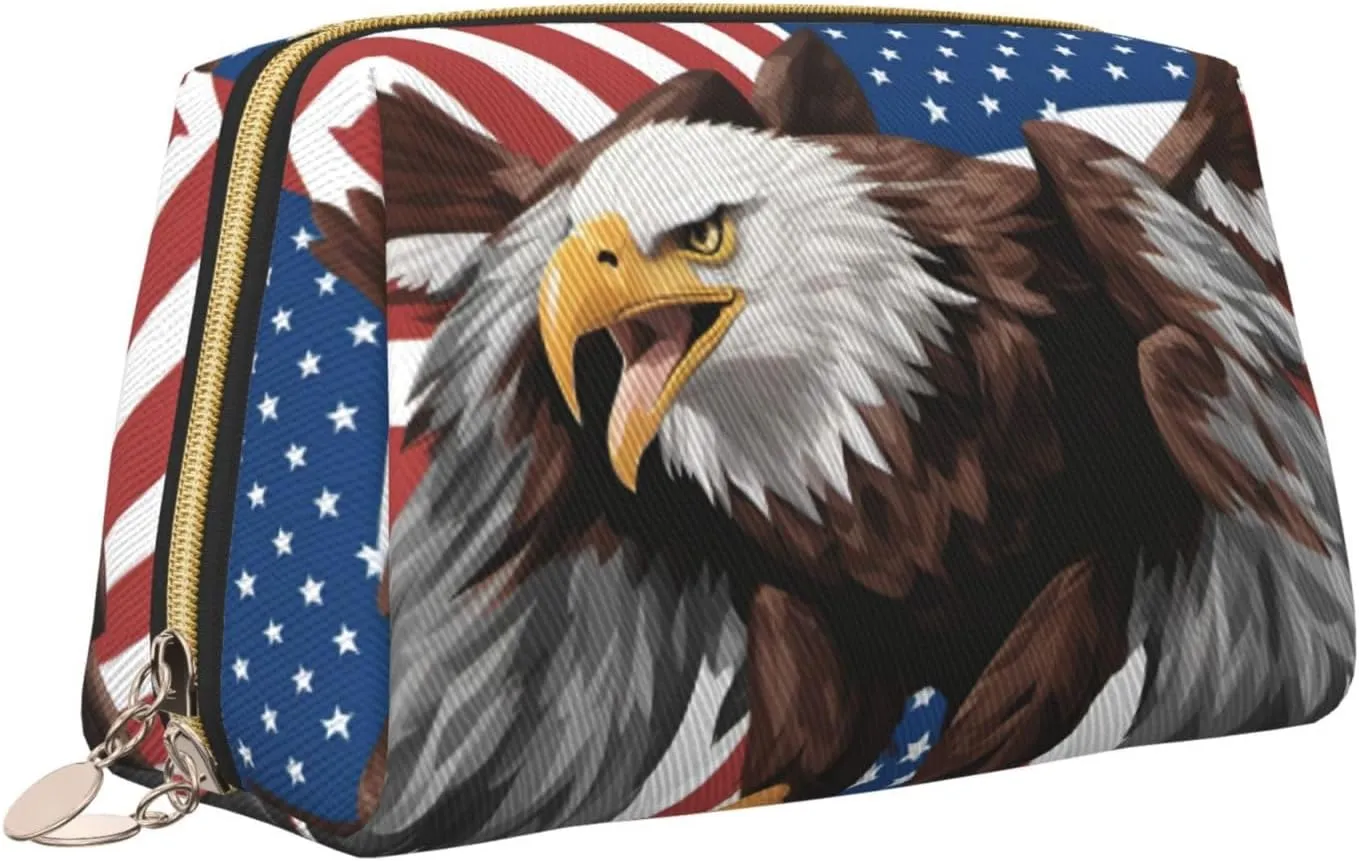 Eagle With Usa Flag Toiletry Pouch, Travel-Friendly Makeup Organizer For Makeup Brushes, Lipsticks