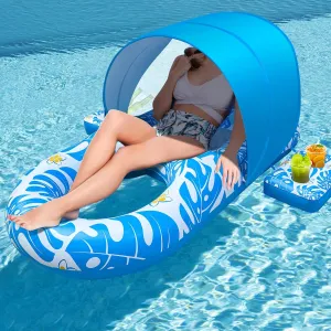 EAONE 65 x 34 in Pool Floats for Adults Heavy Duty, Large Inflatable Pool Lounger Water Floaties with Floating Ice Bucket, Drink Holder & Backrest for Pool/Lake/Beach