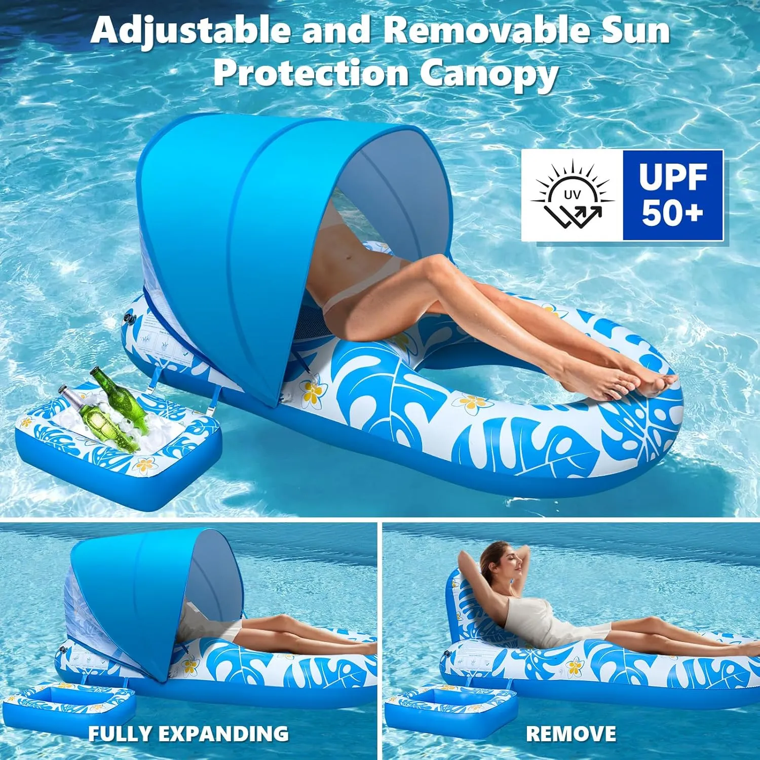 EAONE 65 x 34 in Pool Floats for Adults Heavy Duty, Large Inflatable Pool Lounger Water Floaties with Floating Ice Bucket, Drink Holder & Backrest for Pool/Lake/Beach