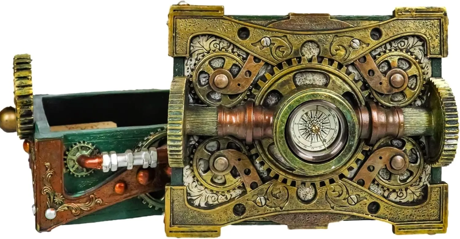 Ebros Gift Steampunk Geared Clockwork Mechanical Gears Design Decorative Jewelry Box With Navigational Compass Figurine 6.5" L Science Fiction Steampunk Trinket Box With Working Compass