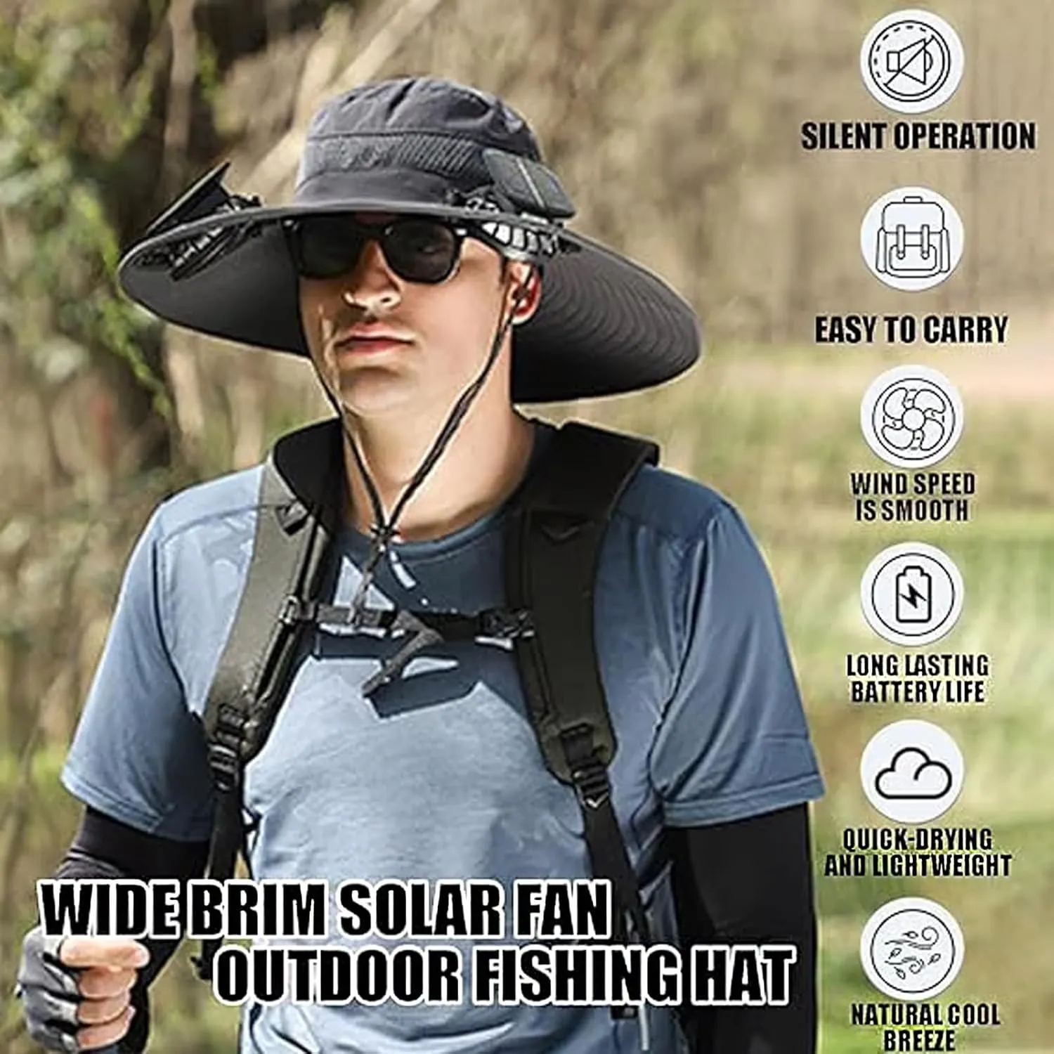 Economicalk Fan Hat, Wide Brim Solar Fan Outdoor Fishing Hat-Solar & USB Charging, Bucket Hat for Fishing