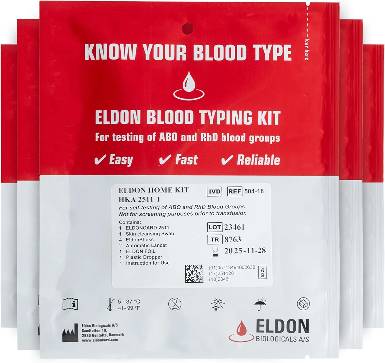 Eldoncard Blood Typing Kit, 5 Test Pack, Know Your Blood Type, Accurate Instant Home Testing, Determine A, O, B, Rhs-D Negative & Positive Groups
