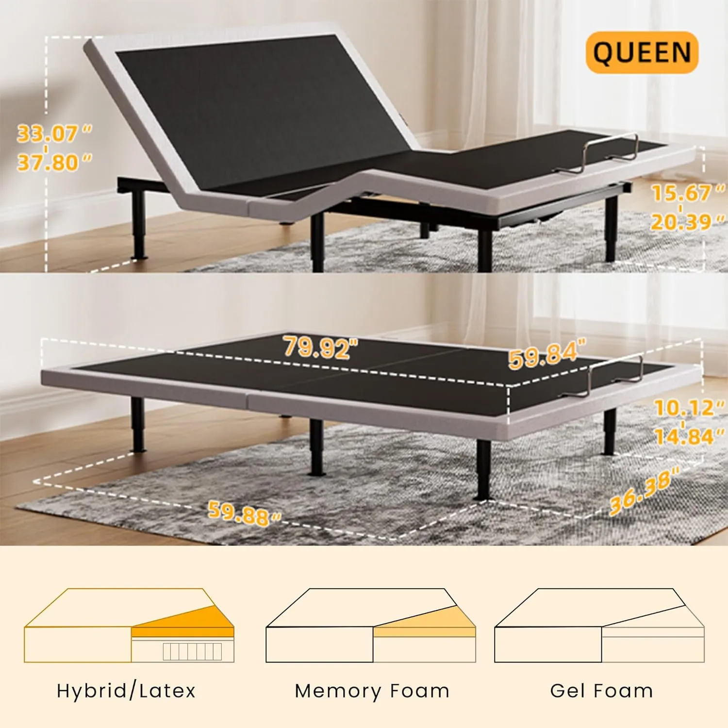 Electric Queen Adjustable Bed Frame with Wireless Remote, Head Foot Incline, USB, Underbed Light - Heavy Duty Platform, Easy Assembly, Zero Gravity - Bedframe Basic with Quiet Motor