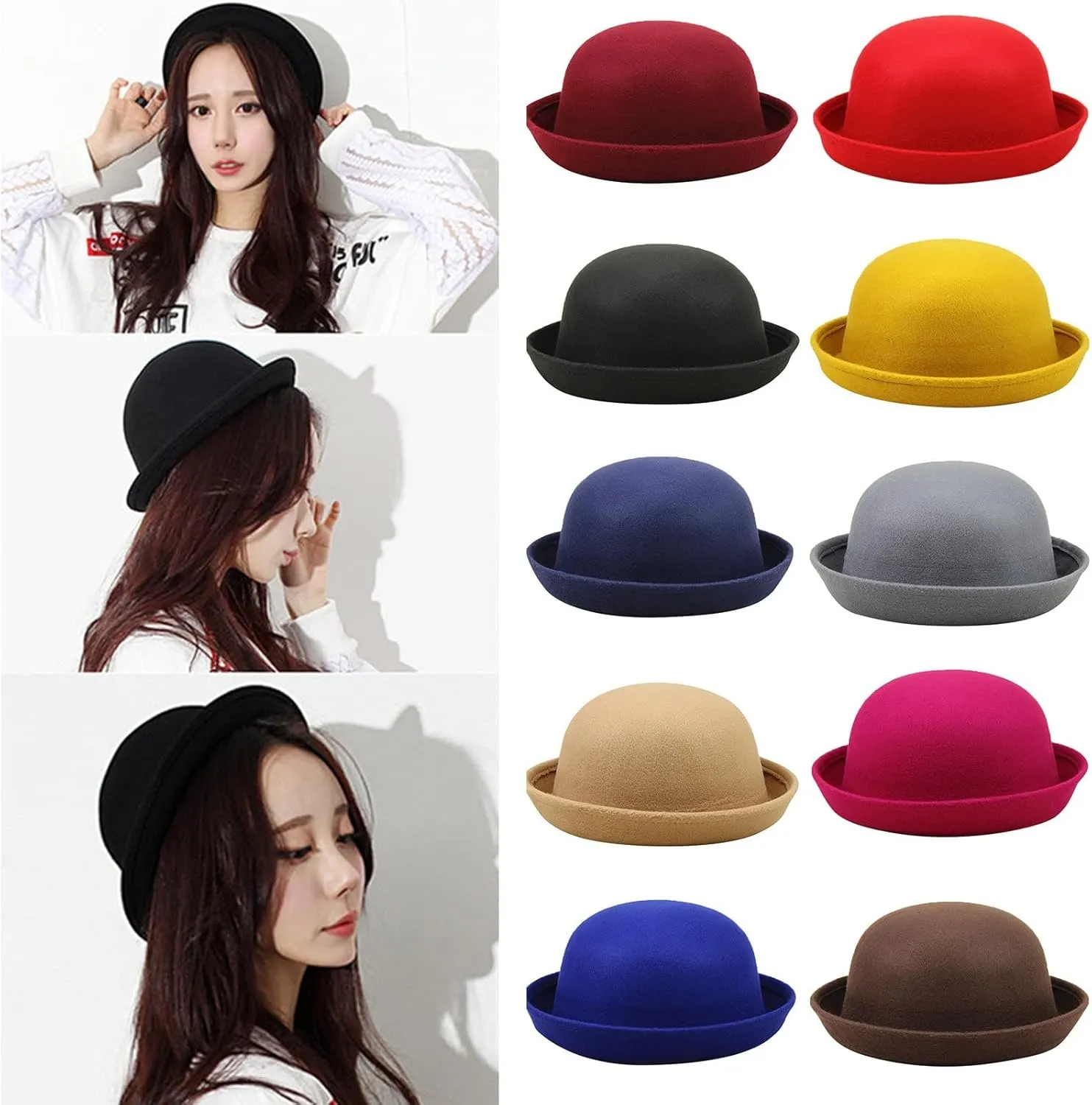 Elegant Adults Solid Hat Roll Up Brim Bowler Hat Bucket Hat for Mens Womens Classic Wool Round Bowler Outdoor Camping Hat