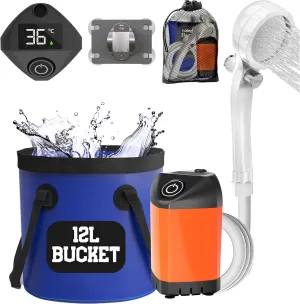 Elil Portable Camping Shower Pump with 3 Gallon Collapsible Bucket - Rechargeable Battery Camp Shower Electric Shower, Portable Shower for Camping Shower Tents