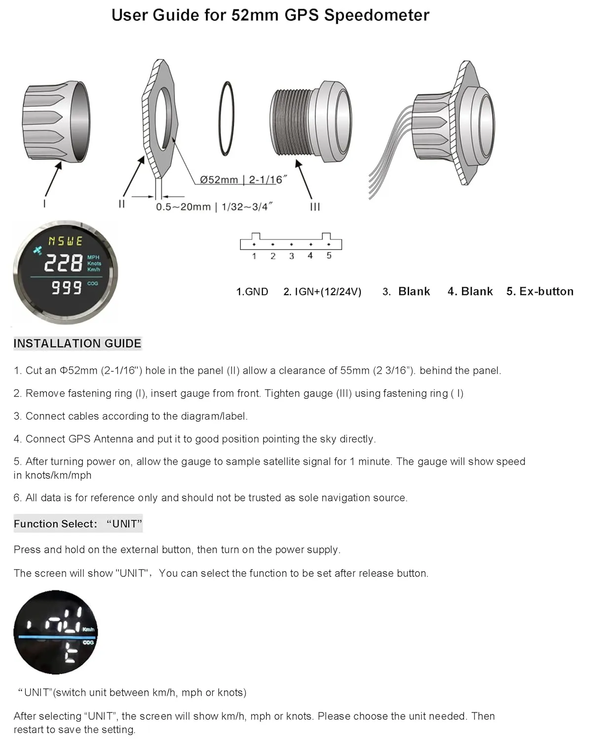 ELING 52mm Universal GPS Speedometer 0-999 km/h Knots mph with Compass 12V 24V for Marine Boat (LCD Doesn't Show Odometer)