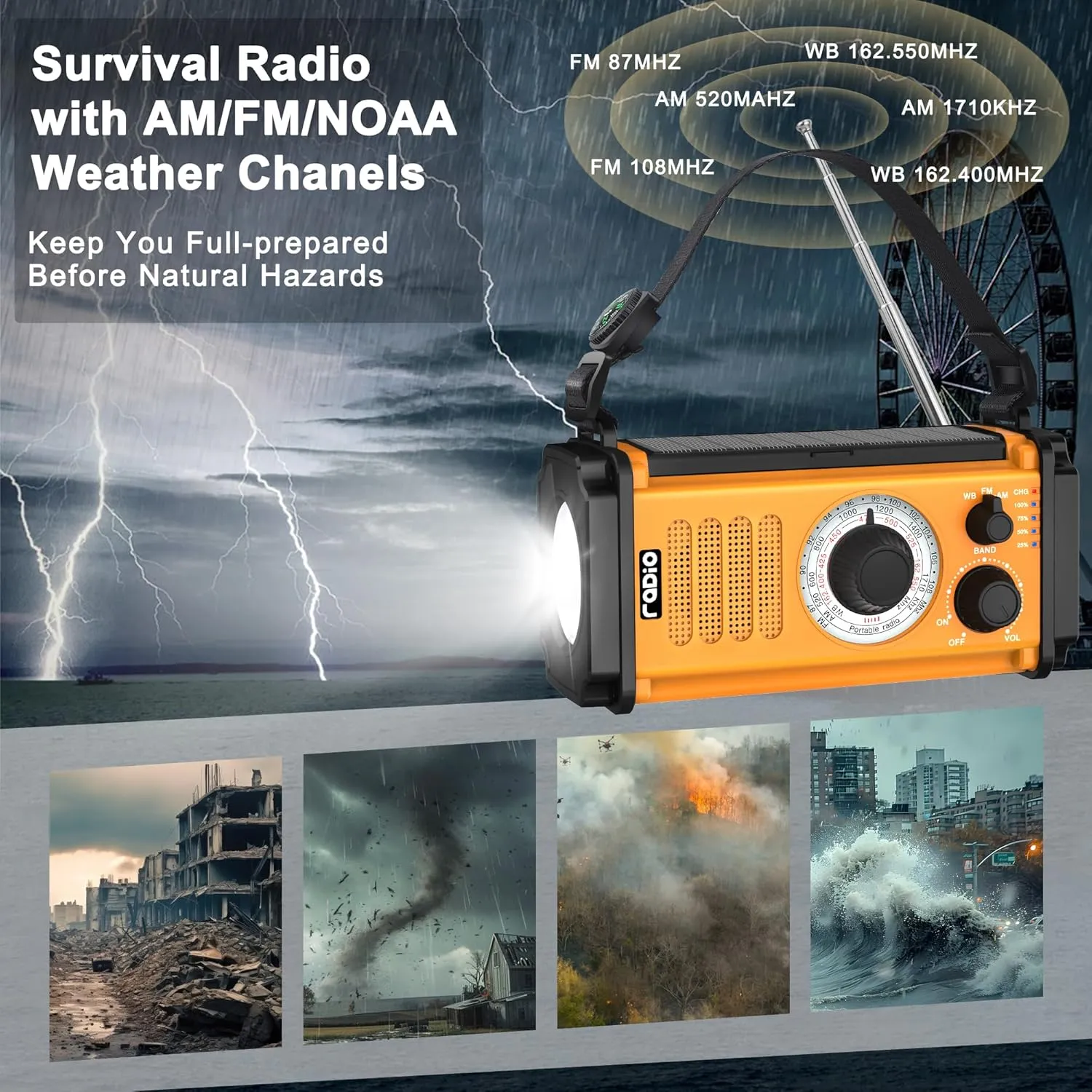 Emergency Crank Weather Radio, Solar Hand Crank NOAA/AM/FM Radio,Portable Dynamo Radio,800LM Crank Flashlight & Reading Lamp,SOS,Earphone Jack, Compass for Hurricane Storm Camping Outdoor Survival Kit